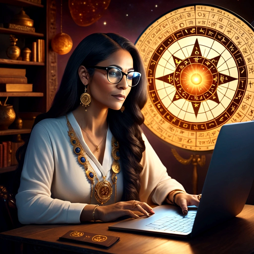 A beautiful astrologer wearing glasses who reads horoscopes on her computer