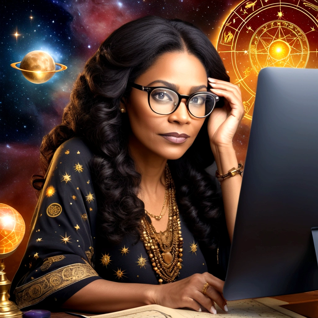 A beautiful astrologer wearing glasses who reads horoscopes on her computer