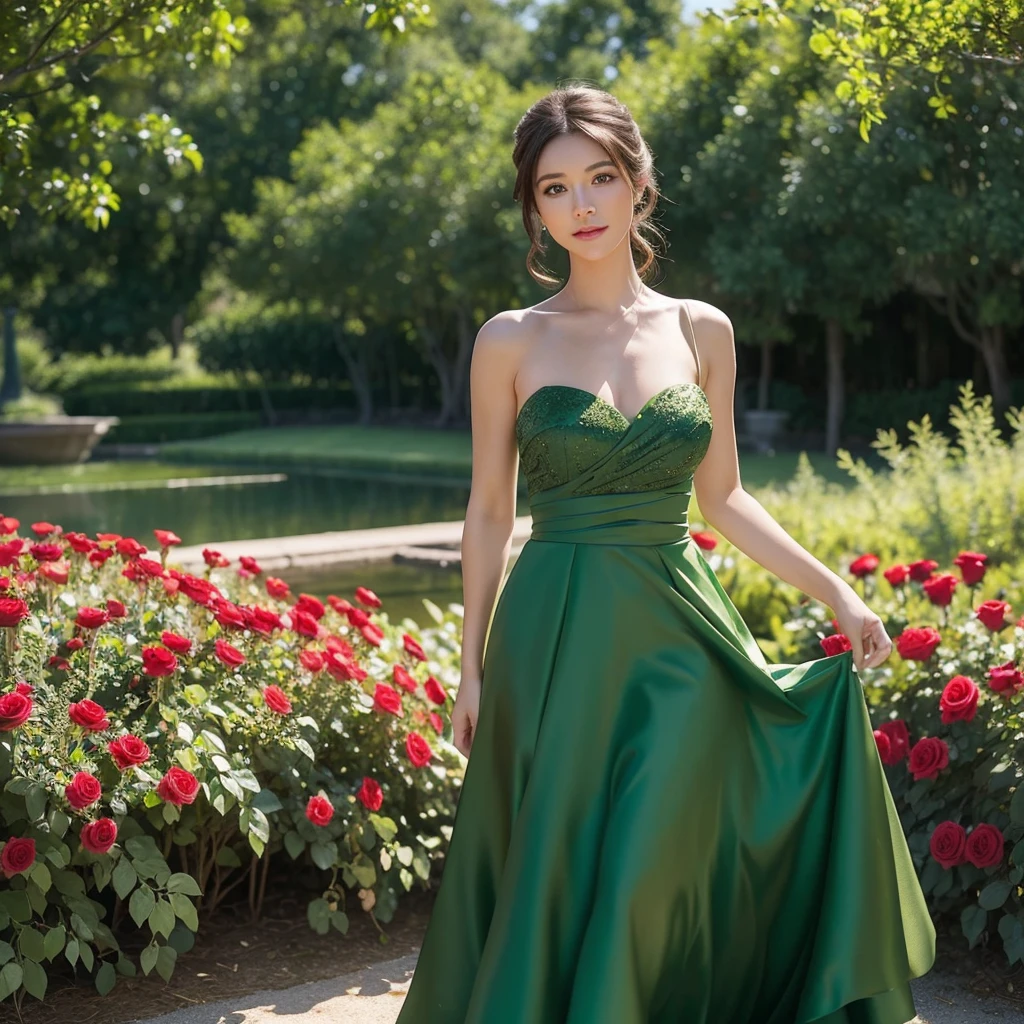 Create an image of a woman wearing a green dress, participating as the Bachelorette. She is holding a red rose in her hand. The setting should be elegant and romantic, with a backdrop that suggests a formal event or a beautiful outdoor location. The woman should have a confident and graceful pose, exuding charm and sophistication.