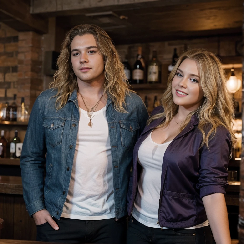 A plus-size blonde singer performing lively in a jacket in a bar and her boyfriend, a man with messy wavy hair