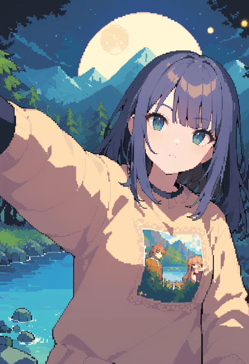 pixel art, veronica cypher ((upper body selfie, happiness的)), masterpiece, top quality, very detailed, alone, outdoor, (night), mountain, nature, (star, moon) happiness, happiness的, Gloves, sweater, have, flash, forest, rock, river, wood, smoking, shadow, compared, clear sky, metaphor style (View viewer:1.2) (group) (film grain: 1.3), (disapproval, disapproval): 1.2), enlargement, film light, side lights, ultra high resolution, 背心shadow, raw, wearing jumper, Kodak Vision 3,