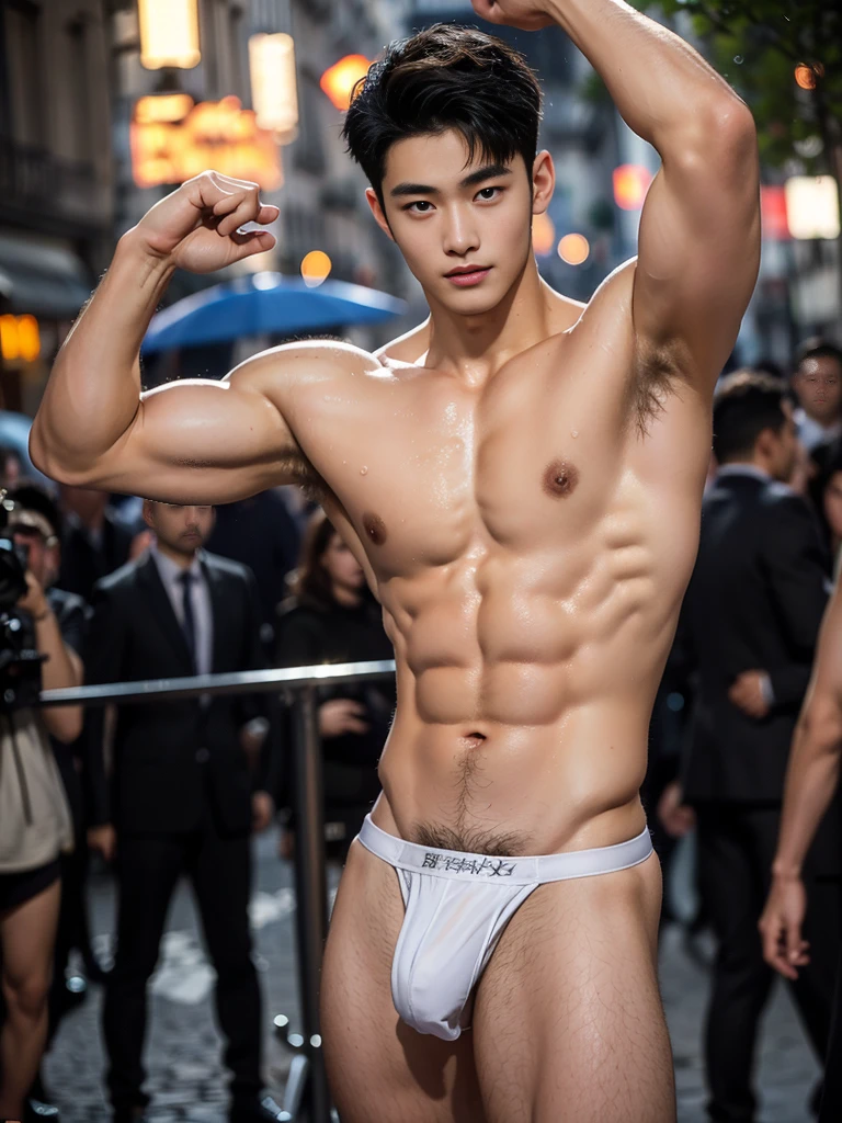 Full body, Sheer Transparent thong, very hairless armpits, Very crowded street, Topless, shirtless, boy, very young boy, Cinematic soft lighting illuminates a stunningly detailed and ultra-realistic handsome Chinese male supermodel, ultra short messy curly hair, clear honey eyes, captivating perfect smile, sensual, hot man, insanely handsome, showing off his sweaty body, sixpack muscular body build, slender, toned, full body, 8k, photography, masterpiece, detailed face, detailed eyes, detailed hands, in the Paris street, beautiful night scenery in Paris, hairy armpits, only wearing very thin micro white thong, very wet body, very sweaty body, Paris background, paris scenery