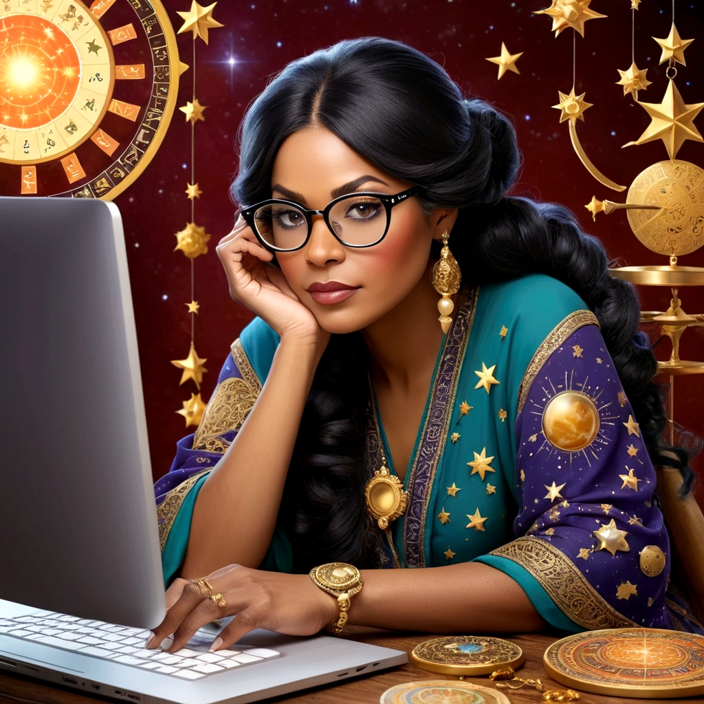 A beautiful astrologer wearing glasses who reads horoscopes on her computer