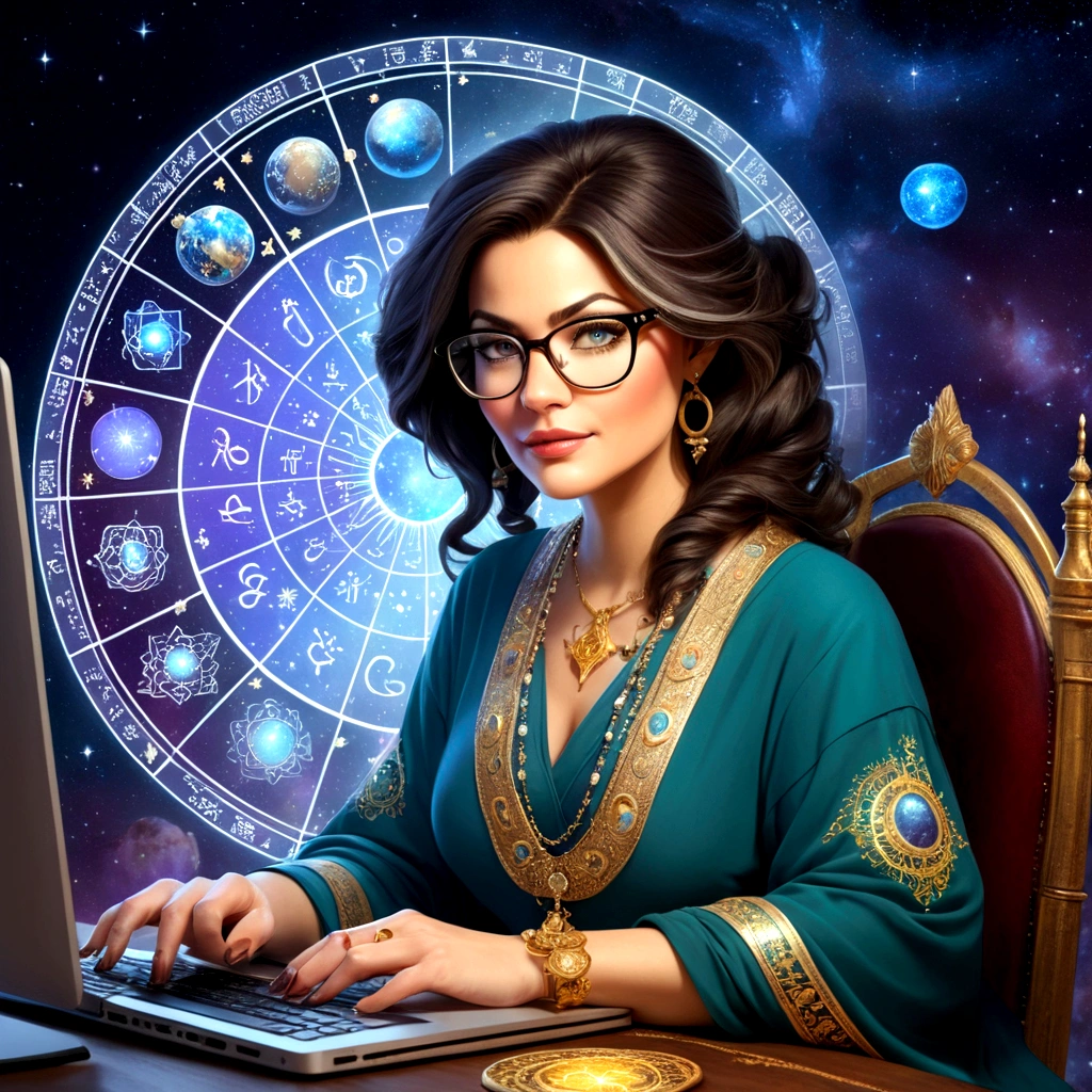 A beautiful astrologer wearing glasses who reads horoscopes on her computer