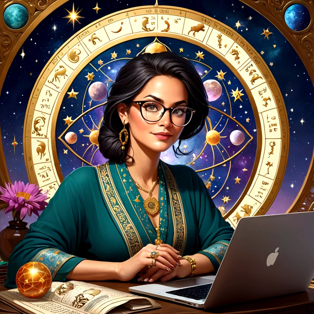 A beautiful astrologer wearing glasses who reads horoscopes on her computer