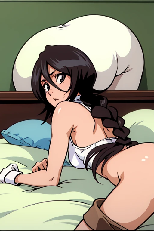 tennis girl's massive rear butt cheeks out of bottomless slutty mini sweater out bare and brown boots, showing her butt, lying down, on bed, wearing oven mittens under big pillow, blindfold
