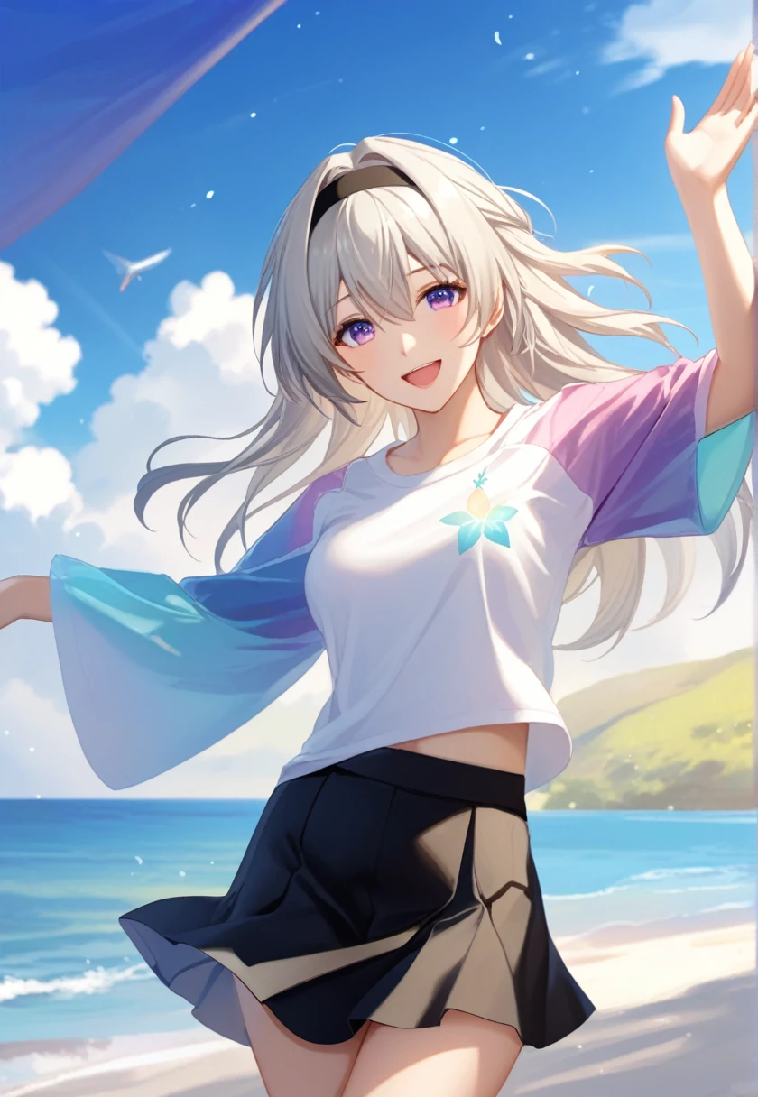 fire Fly_\(Honkai:_star_rail\), One girl, black_hairband, gray_hair, length_hair, purple_eye, black_Jacket, length_sleeve, hair_between_eye, white_shirt, very_length_hair,Cowboy Shot Smile, Open your mouth, Spread your arms,Sandy Beach, ,Tshirt, whiteいTshirt, Medium bust, Nice hands, Perfect hands,Beautiful hands,whiteいスカート