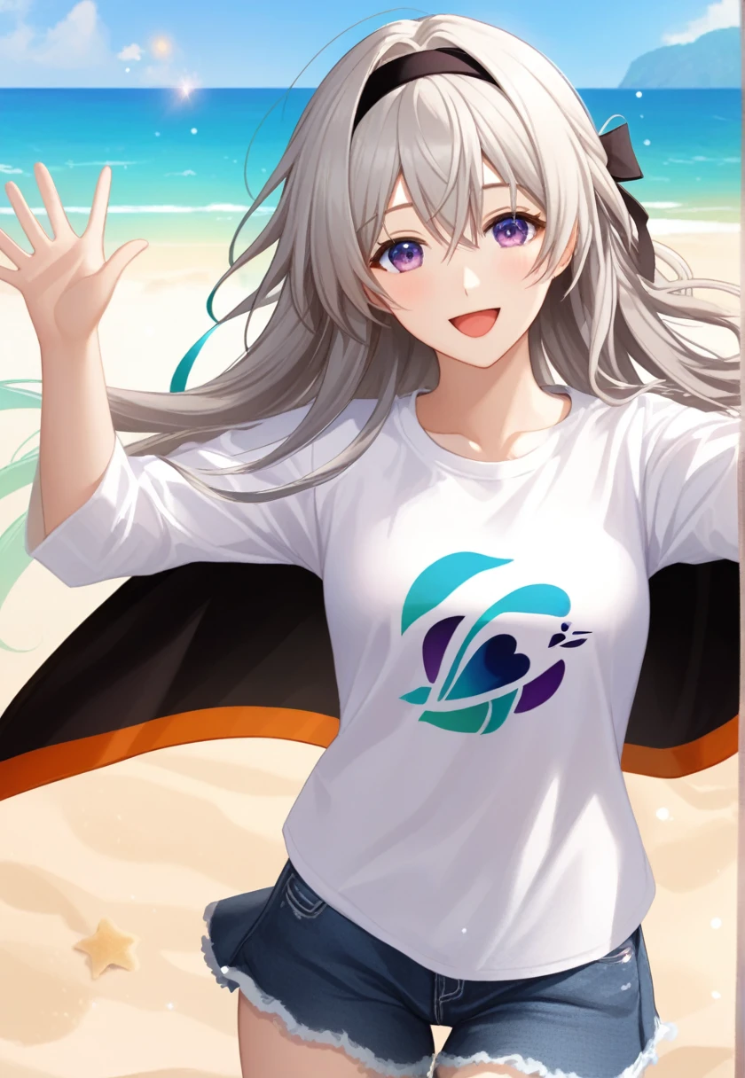 fire Fly_\(Honkai:_star_rail\), One girl, black_hairband, gray_hair, length_hair, purple_eye, black_Jacket, length_sleeve, hair_between_eye, white_shirt, very_length_hair,Cowboy Shot Smile, Open your mouth, Spread your arms,Sandy Beach, ,Tshirt, whiteいTshirt, Medium bust, Nice hands, Perfect hands,Beautiful hands,whiteいスカート