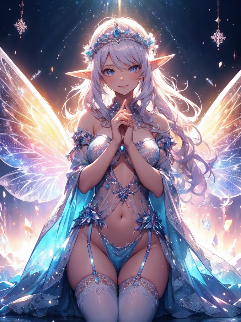 最high quality、1 woman elf、(( cowboy shot ))((full  body stocking))'((see-through body stocking))、beautiful瞳、tears、beautiful装飾、、Ice tiara、、A world made of ice、最high quality , fractal art.Ice Throne、ice World、bikini、beautiful大きなお尻、　((Laugh beautifully、))((Glowing ice　))queen、beautiful顔、Orgasm、Ecstasy、全身beautiful装飾のストッキング、Snowflake World、ice World、Bigger on the front、 beautiful輝き,High-definition depiction, Realistic, 8K, Unity, beautiful太もも,,Giant fairy wings、虹colorに輝く翼、、 light smile, Beautifully and vividly drawn, , beautiful beautiful透き通る肌、輝くbeautiful装飾の魔法、Giant Wings、  、、beautiful装飾の、 , beautiful、 Romanticism,mosquito。 混沌の最もbeautiful形, Mr..々 Intertwined flowers, P article,Magical gentle light,smile,,image quality、masterpiece、beautiful顔、Super beautiful elf woman((Big breasted 22 year old office lady、Bust 120,Beautiful long ironed hair、Brown Hair、height: 165cm。、Esbian、、high quality、、Visual Arts、最high quality、1 woman elf ,beautiful fractal art　、、、light、Beautiful radiance,High-definition depiction, Realistic, 8K, Unity, , light smile, Beautifully and vividly drawn, , Beautiful, beautiful, clear skin、 Countless rays of light pouring down, Swirling Light, big background, , Intense light is emitted from the magic circle in front of the girl. Romanticism,Cowboy Shot:  最high quality　　