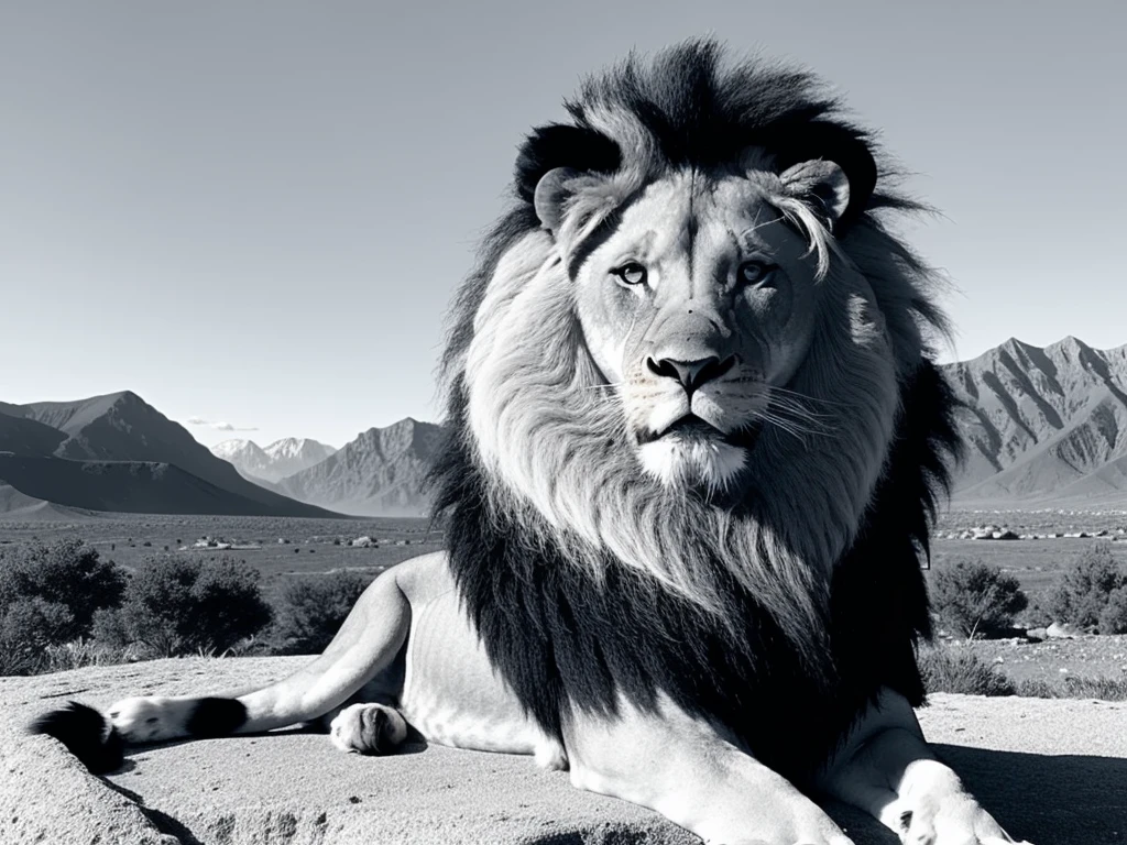 Black and white photo of a lion, close-up of a lion, nature, wide plateau, mountains in the background