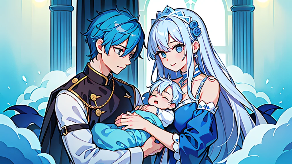 (((Mother and son,My son is a newborn baby.)))、((Highest quality、Masterpiece、Official Art、The best dynamic composition))、They both have a mixture of blue and white hair.、She is happily stroking the baby&#39;s cheek.、Heartwarming、happiness、A sparkling world、