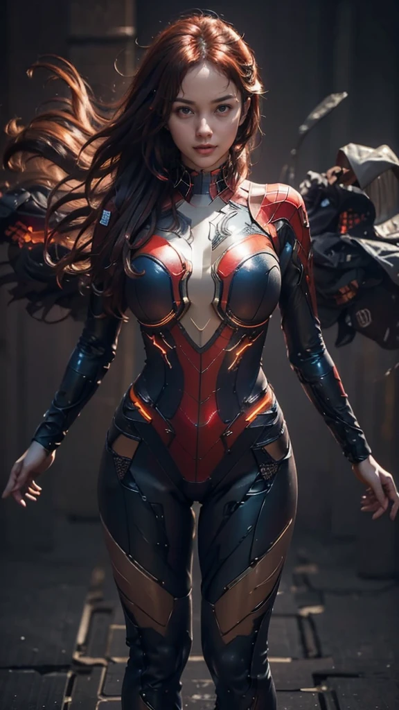 (masterpiece), (best quality), (ultra detailed), (epic lights reflections), glowing, luminous neon lights, 1girl, red eyes, red hair, full makeups, red lips, fit body hair blown by strong winds, (Spiderman cosplay), very tight body shape suit, ultra bodysuit textures details, hair blown by winds, ((full body:1.3)), symmetrical pose, model posing in the middle,
