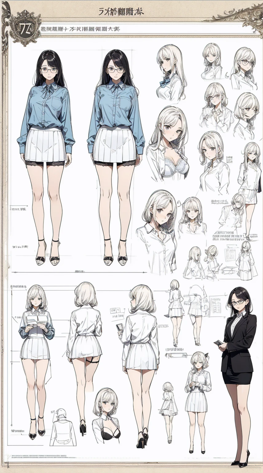 girl, alone, whole body, From head to toe, Are standing, (Huge_chest:1.3),
Character design sheet, Character Reference Sheet, 設計図のSchematic, Drafting, Blueprint, Schematic,
((Character design sheet:1.7, Character Reference Sheet:1.7,)),
anime/cartoon character wearing a girls , 1girl, alone, ,Mature Woman,chestの谷間,Long sleeve,Collared shirt,White shirt,,(Tight Skirt),((garter belt)),(High heels),Skirt Suit,mini skirt,office lady,Long Hair, bow, , (Very short skirt:1.4), (lingerie:1.5),secretary,Thin glasses, In underwear