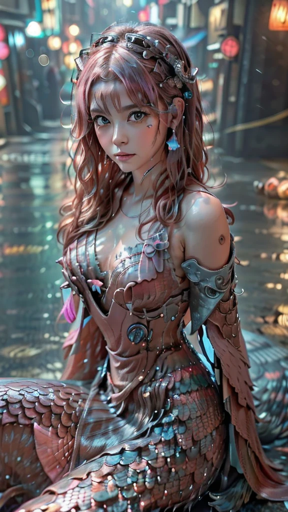 Ultra-detailed, master piece, best quality, high resolution, beautiful eyes, detailed eyes, detailed face, (super realistic photorealistic image:1.5), (cute and beautiful face, pink wavy hair, soft and light blue eyes that exude warmth and tenderness, tight body, covered with fish scales to emphasize her mermaid status, large and graceful fish tail in place of legs, which are also covered with scales and fused with cyberpunk electronics and tubes, elegantly dressed in a revealing kimono with traditional Japanese patterns:1.5) The lighting, colors, and mood of the scene are powerful and cinematic, with the beautiful seaside scenery and the soft glow of the city lights creating a magical atmosphere. The design and details are ultra-clear and detailed, emphasizing the mermaid-like appearance with prominent fish tails, shimmering skin scales, and cyborg elements, and the images are of the highest quality and ultra-realistic photography.