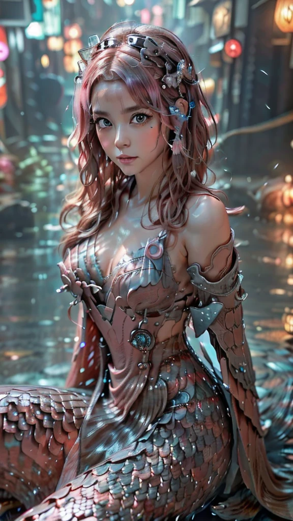 Ultra-detailed, master piece, best quality, high resolution, beautiful eyes, detailed eyes, detailed face, (super realistic photorealistic image:1.5), (cute and beautiful face, pink wavy hair, soft and light blue eyes that exude warmth and tenderness, tight body, covered with fish scales to emphasize her mermaid status, large and graceful fish tail in place of legs, which are also covered with scales and fused with cyberpunk electronics and tubes, elegantly dressed in a revealing kimono with traditional Japanese patterns:1.5) The lighting, colors, and mood of the scene are powerful and cinematic, with the beautiful seaside scenery and the soft glow of the city lights creating a magical atmosphere. The design and details are ultra-clear and detailed, emphasizing the mermaid-like appearance with prominent fish tails, shimmering skin scales, and cyborg elements, and the images are of the highest quality and ultra-realistic photography.