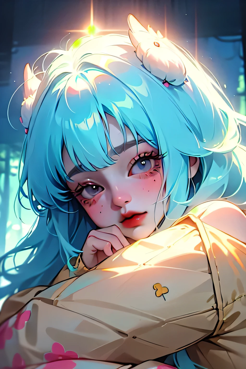 (high quality) (best quality) (a woman) (correct physiognomy) (perfect students) (perfect eyes) anime woman, deep blue long and fluffy hair, Two bunny ears of color blue coming out of his blue head adorned with small golden stars As if they were the color of your ears, lips sensitive, feminine appearance, soft facial features, thin eyebrows, soft skin, rosy cheeks, pink lips, silky eyelashes, dreamy expression, middle age, youthful clothing, print sweatshirt, photo illuminated by sunlight, Woman sitting on forest.
