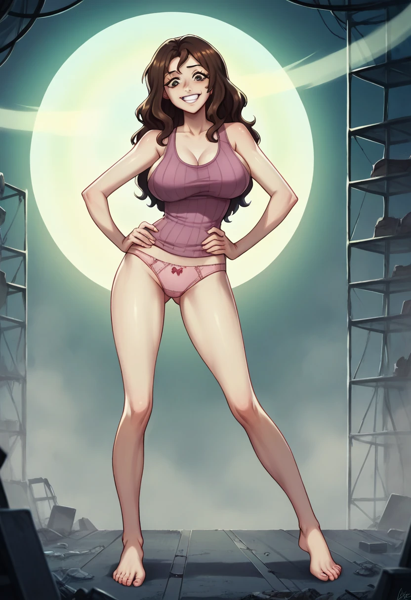 ((Masterpiece)), ((best quality)), very detailed, Detailed Background, 1 woman, wavy brown hair, sly face, smile, tank top, pink panties, abdomen, big breasts, Long legs , Put your hands on your hips. , Barefoot, abandoned factory, at night