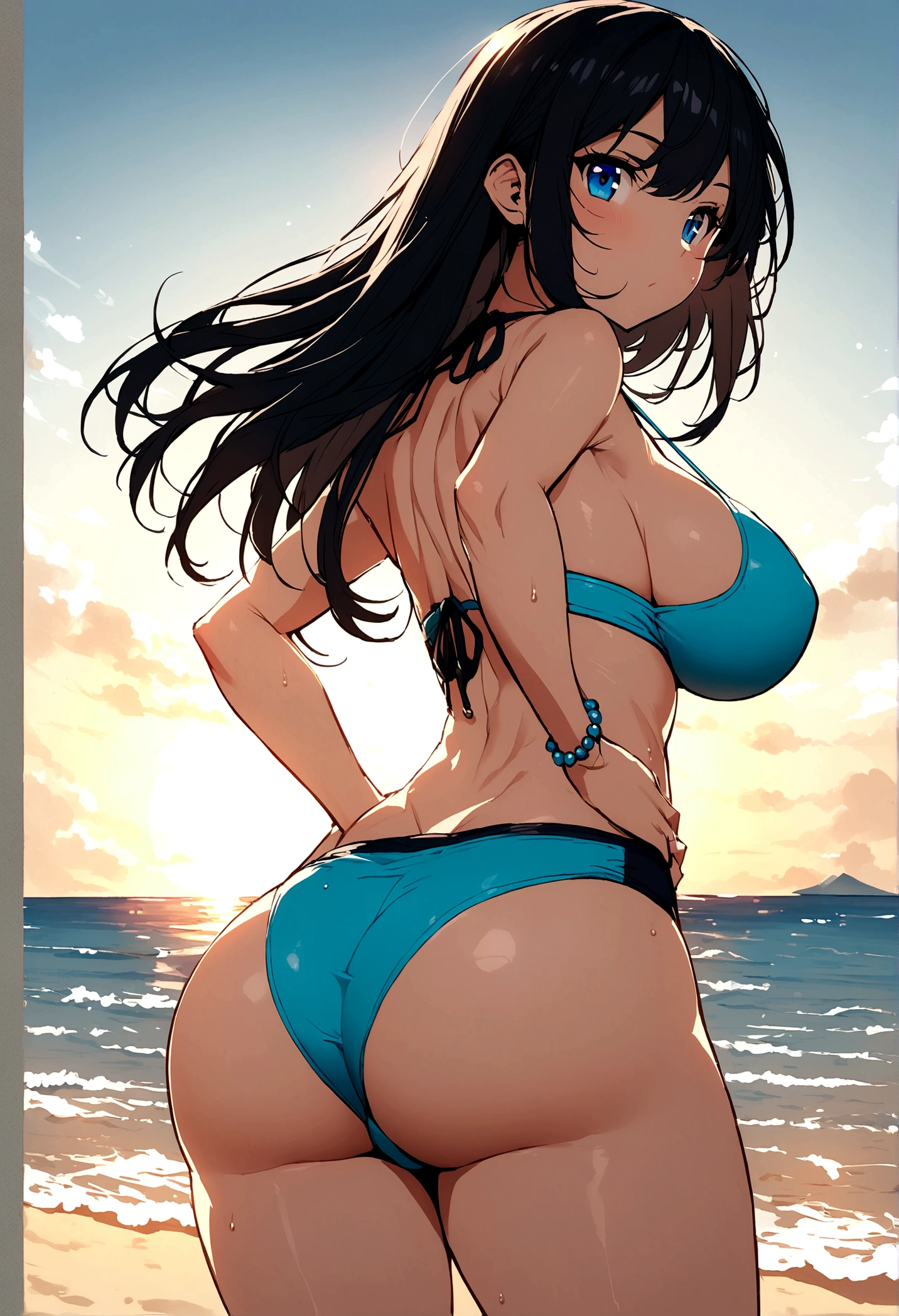 Anime girl long black hair, blue eyes, With big breasts and slim with hips and ass. in a swimsuit, bikini sunbathing