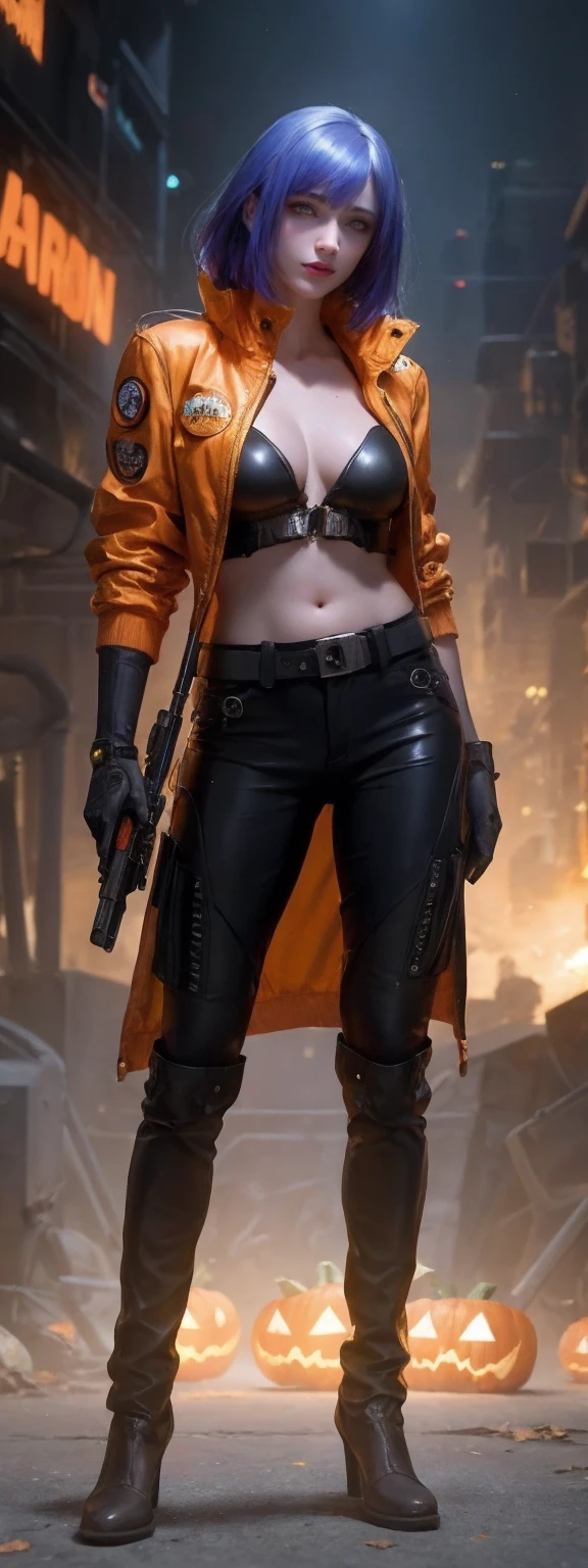 1girl,solo,realistic,cyberpunk, cyborg, halloween,  jack-o'-lantern, mechanical_arms, orange_jacket, Without pants， orange_shirt, pumpkin, science_fiction, simple_background, gloves, standing, jacket, cowboy_shot, urban techwear, outfit，