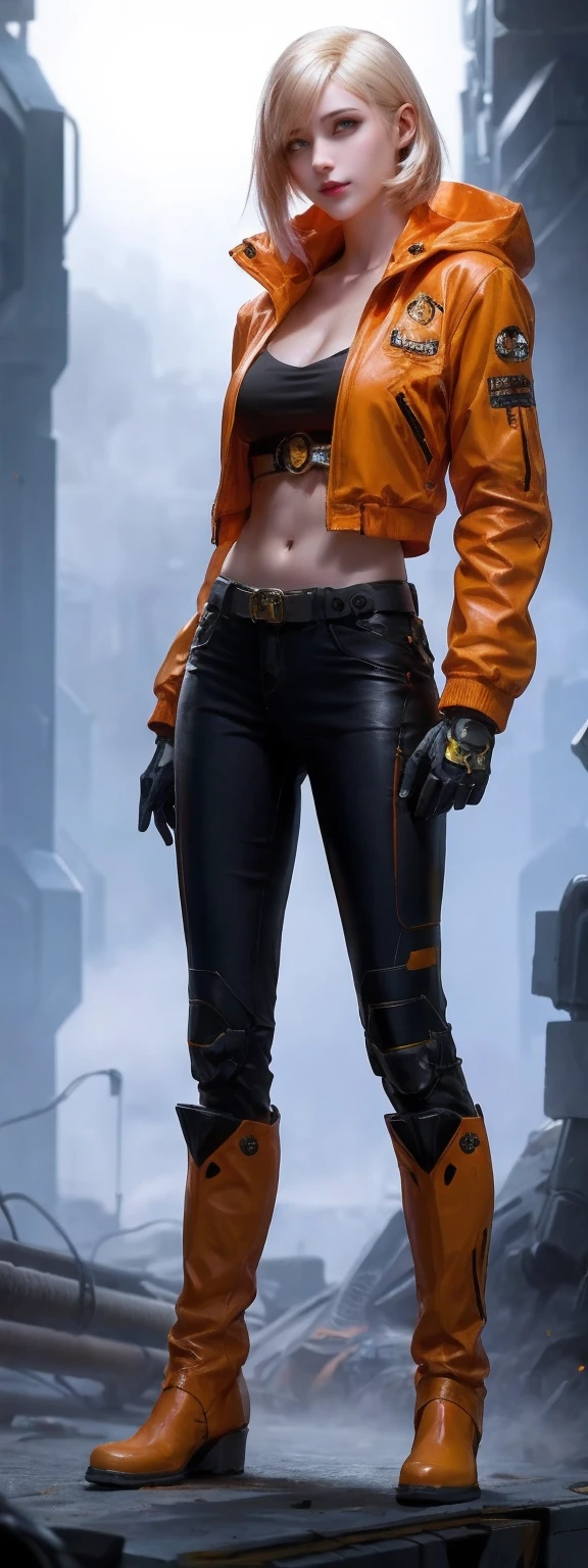 1girl,solo,realistic,cyberpunk, cyborg, halloween, jack-o'-lantern, mechanical_arms, orange_jacket, Without pants, orange_shirt, pumpkin, science_fiction, simple_background, gloves, standing, jacket, cowboy_shot, urban techwear, outfit,