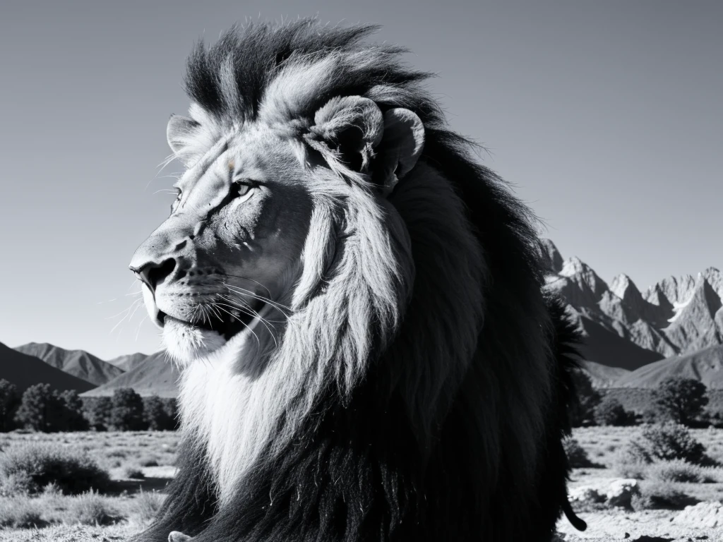 Black and white photo of a lion, close-up of a lion, nature, wide plateau, mountains in the background
