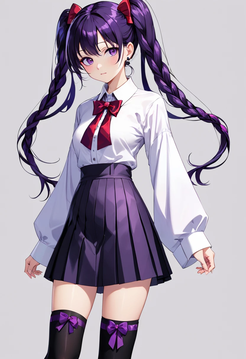 masterpiece, best quality, adult female, dark purple hair, very long single braid, bright purple eyes, white collared shirt with furisode sleeves, thin red bow tie with a diamond-shaped pin on the front of the bow under the collar, black high-waisted pleated skirt, dark purple thigh high socks, black ankle boots, emotionless, calm, expressionless, simple white background, full body,