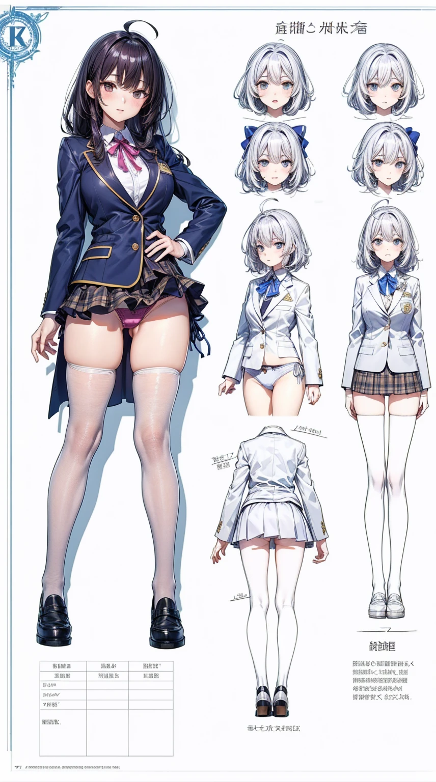 girl, alone, whole body, From head to toe, Are standing, (Huge_chest:1.3),
Character design sheet, Character Reference Sheet, 設計図のSchematic, Drafting, Blueprint, Schematic,
((Character design sheet:1.7, Character Reference Sheet:1.7,)),
anime/cartoon character wearing a girls , 1girl, alone, Thigh-high socks, blazer burezaa (blazer), Ahoge, Long Hair, bow, , shoes, loafers, ribbon, (Very short skirt:1.4), (panties:1.5),, (Good:1.5),In underwear