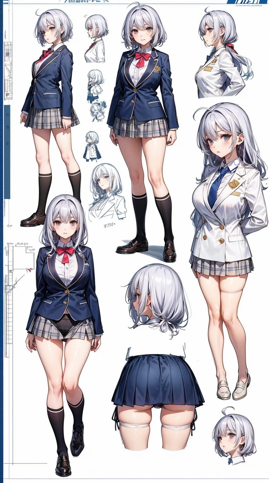 girl, alone, whole body, From head to toe, Are standing, (Huge_chest:1.3),

Character design sheet, Character Reference Sheet, 設計図のSchematic, Drafting, Blueprint, Schematic,
((Character design sheet:1.7, Character Reference Sheet:1.7,)),

anime/cartoon character wearing a girls , 1girl, alone, Thigh-high socks, blazer burezaa (blazer), Ahoge, Long Hair, bow, , shoes, loafers, ribbon, (Very short skirt:1.4), (panties:1.5),, (Good:1.5),In underwear