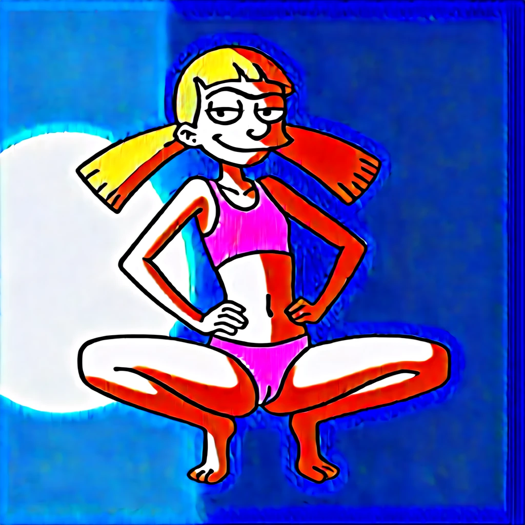 helga, solo, 1girl, blonde hair, floating hair, black eyes, twintails, monobrow, smile,  looking at viewer,,outdoors, skinny body, source_cartoon, on beach, sand, ocean, pink swimsuit, hand on hips,full body, bare shoulders, squatting, cameltoe, shy