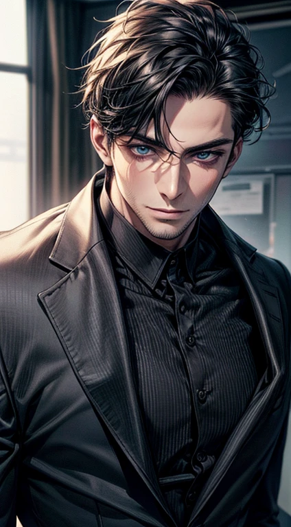 (best quality,4k,8k,highres,masterpiece:1.2),ultra-detailed,(realistic,photorealistic,photo-realistic:1.37),1 man,31 years old,mature man,very handsome,without expression,smile,short grey black hair,blue eyes,penetrating gaze,perfect face without errors,imposing posture,businessman,office background,cinematic lighting,hdr image