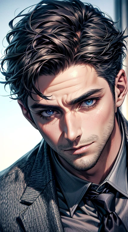 (best quality,4k,8k,highres,masterpiece:1.2),ultra-detailed,(realistic,photorealistic,photo-realistic:1.37),1 man,31 years old,mature man,very handsome,without expression,smile,short grey black hair,blue eyes,penetrating gaze,perfect face without errors,imposing posture,businessman,office background,cinematic lighting,hdr image