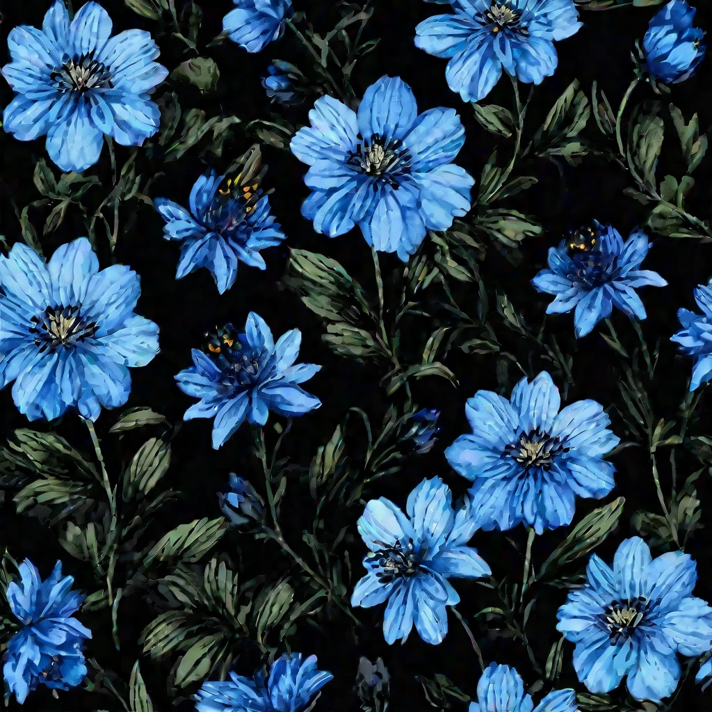a close up of a bunch of Blue flowers on a black background, Garden flowers pattern, Blue flowers accents, Blue flowers, Dark floral wallpaper, Seamless pattern design, Forest and flowers blue, seamless texture, Gorgeous wallpaper, Floral Pattern, blue flower field, neon Floral Pattern, Stylized flowers, Floral Patterned skin, Very detailed pattern, detailed flowers