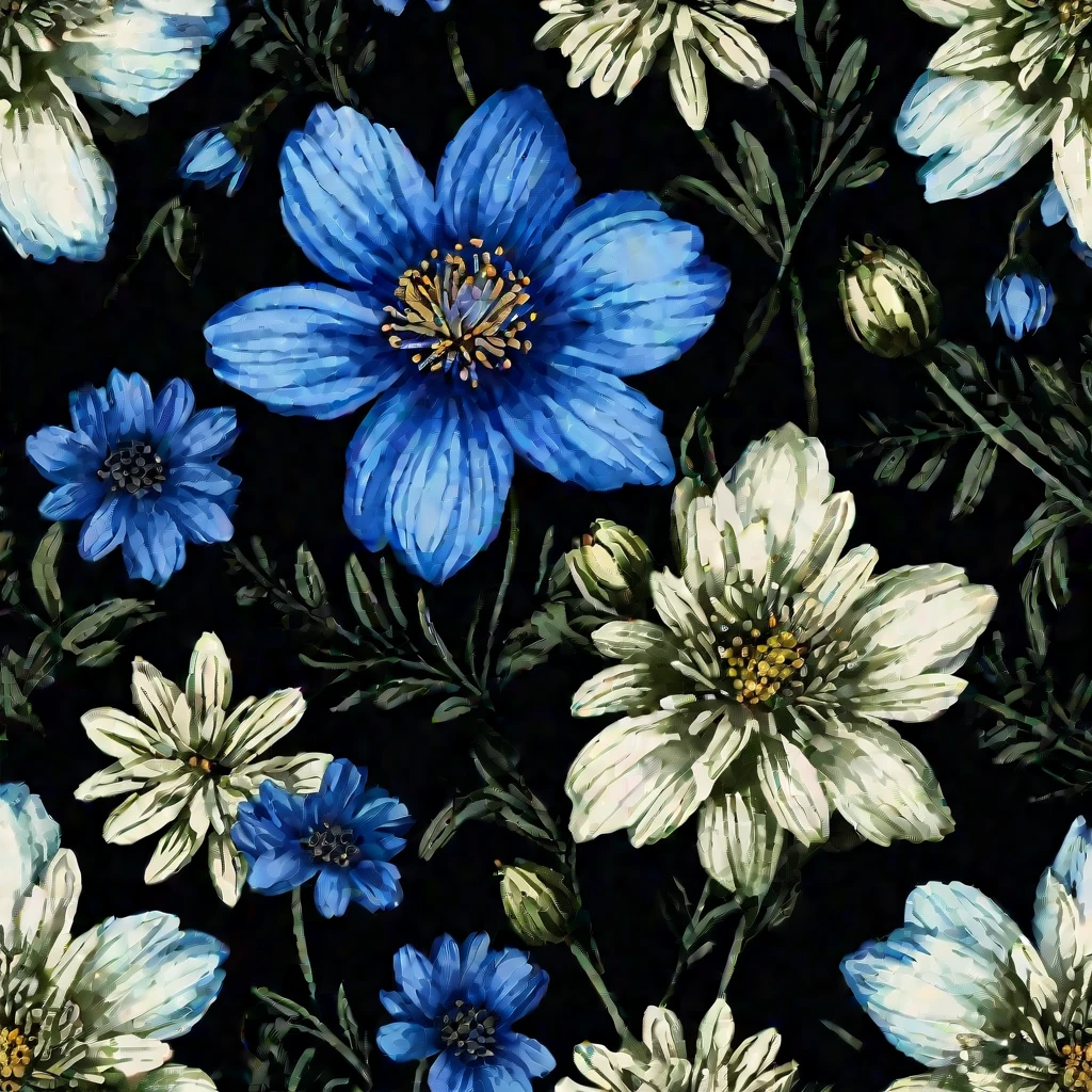 a close up of a bunch of Blue flowers on a black background, Garden flowers pattern, Blue flowers accents, Blue flowers, Dark floral wallpaper, Seamless pattern design, Forest and flowers blue, seamless texture, Gorgeous wallpaper, Floral Pattern, blue flower field, neon Floral Pattern, Stylized flowers, Floral Patterned skin, Very detailed pattern, detailed flowers
