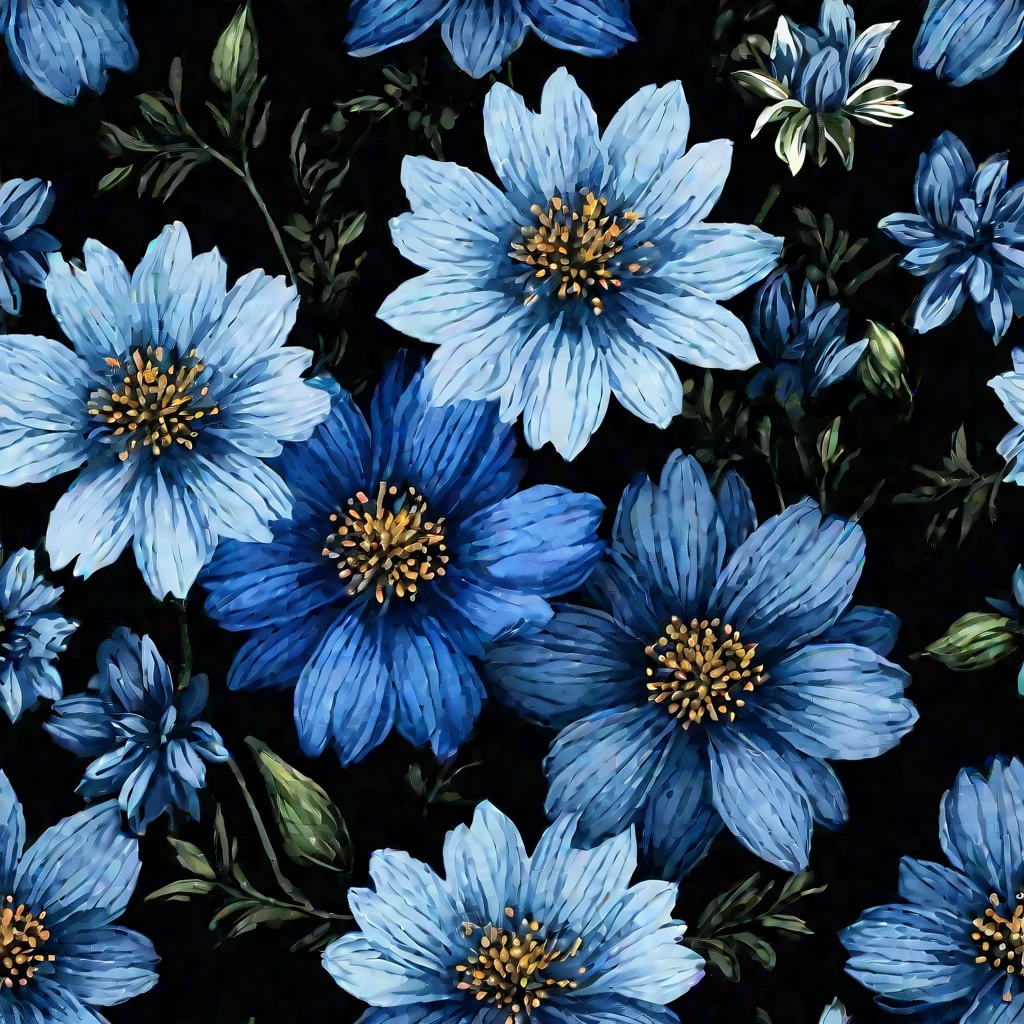 a close up of a bunch of Blue flowers on a black background, Garden flowers pattern, Blue flowers accents, Blue flowers, Dark floral wallpaper, Seamless pattern design, Forest and flowers blue, seamless texture, Gorgeous wallpaper, Floral Pattern, blue flower field, neon Floral Pattern, Stylized flowers, Floral Patterned skin, Very detailed pattern, detailed flowers