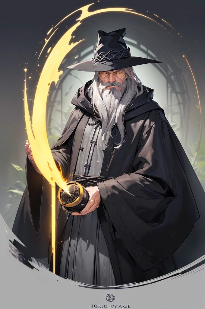 (masterpiece; best quality: 1.2), (finely detailed eyes: 1.3), ((70 year old man)), ((solo)), (yellow eyes: 1.4), (body; attractive, lean, mature: 1.3), (long gray hair + beard: 1.3), (beautiful and clear background: 1.2), ((depth of field)), (equipment: traveler mage dark robe + dark pointed hat + dark cloak: 1.3), (anime illustration: 1.2), (background composition; palace garden exterior: 1.1), (extremely fine and handsome: 1.1), (shot composition; standing + centered on torso + close-up: 1.5), (expression; calm, smile: 1.2)