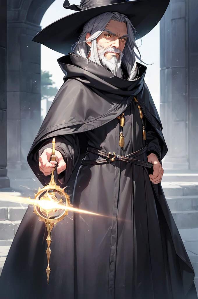 (masterpiece; best quality: 1.2), (finely detailed eyes: 1.3), ((70 year old man)), ((solo)), (yellow eyes: 1.4), (body; attractive, lean, mature: 1.3), (long gray hair + beard: 1.3), (beautiful and clear background: 1.2), ((depth of field)), (equipment: traveler mage dark robe + dark pointed hat + dark cloak: 1.3), (anime illustration: 1.2), (background composition; palace garden exterior: 1.1), (extremely fine and handsome: 1.1), (shot composition; standing + centered on torso + close-up: 1.5), (expression; calm, smile: 1.2)