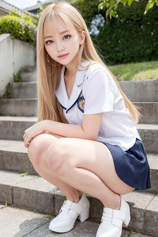 Her windblown blonde hair obscures her pretty face..、Bangs that flow between the eyes、Sexy big 、16 year old cute little smile、Shiny, bright, straight, super long blonde hair、Cute and beautiful long, smooth bangs covering the area between the eyes、Long, straight, silky hair、sexy and cute beautiful young girl、clear, white and Shiny skin、Shiny skin、Beautiful Face、Beautiful brown eyes that shine so brightly、Very big eyes、Small Face Beauty、Perfect beauty、(Full body 2:1)、(high school girl)、Crouching on the school steps、Shot from below、uniform、Sailor suit、Navy blue short skirt、Her white pants are slightly visible、Sexy pose、gravure、 information