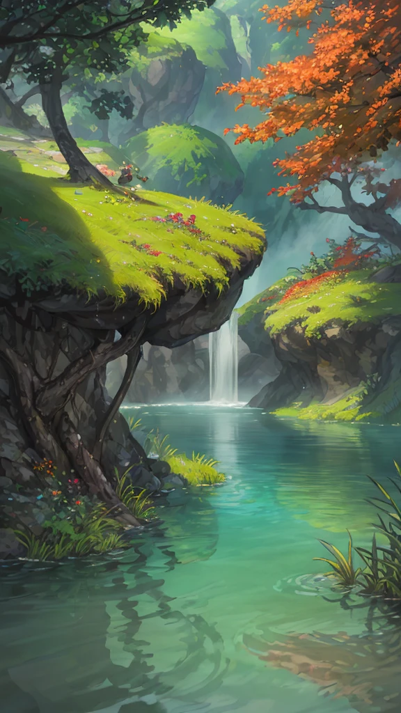 Hot springs, water vapor, Fall, China, spring, jungle, lake, cave, Tree, grassland, (illustration: 1.0), Epic Composition, Realistic lighting, High-resolution details, masterpiece, best quality, (Highly detailed CG Unity 8k wallpaper)