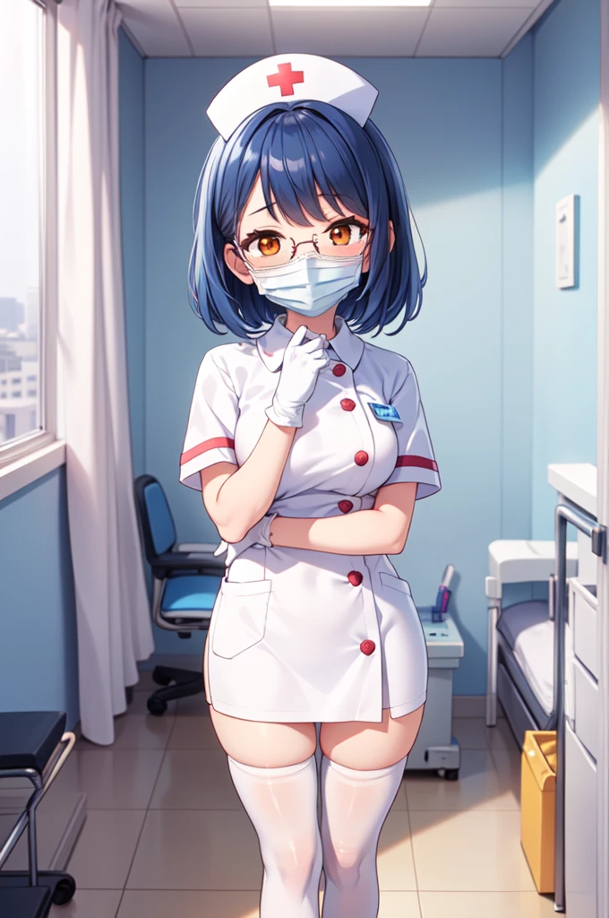 1girl, solo, nurse, nurse cap, white nurse uniform, ((white legwear, zettai ryouiki)), white gloves, glasses, blue hair, orange eyes, ((white surgical mask, covered nose)), standing, ((hospital room)), sharp outline, short sleeves, best quality, masterpiece