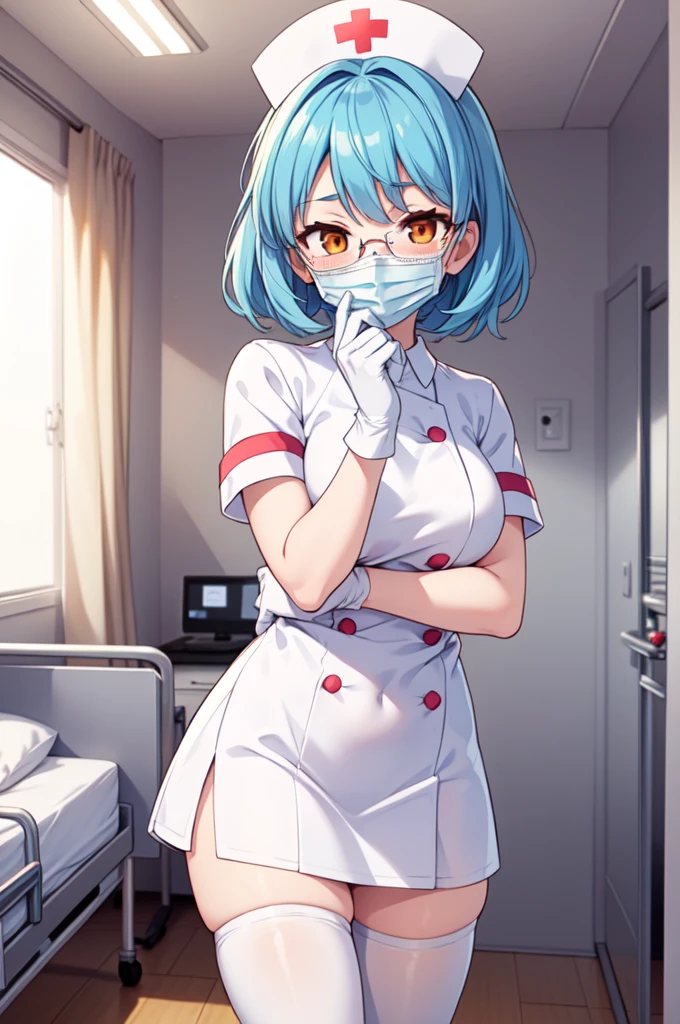 1girl, solo, nurse, nurse cap, white nurse uniform, ((white legwear, zettai ryouiki)), white gloves, glasses, blue hair, orange eyes, ((white surgical mask, covered nose)), standing, ((hospital room)), sharp outline, short sleeves, best quality, masterpiece