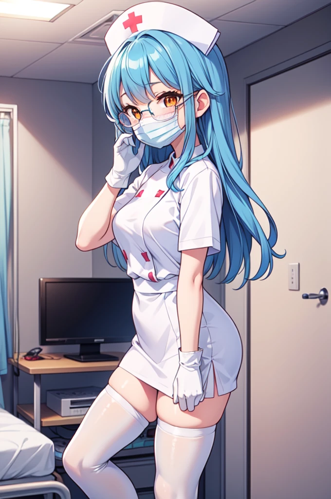 1girl, solo, nurse, nurse cap, white nurse uniform, ((white legwear, zettai ryouiki)), white gloves, glasses, blue hair, orange eyes, ((white surgical mask, covered nose)), standing, ((hospital room)), sharp outline, short sleeves, best quality, masterpiece