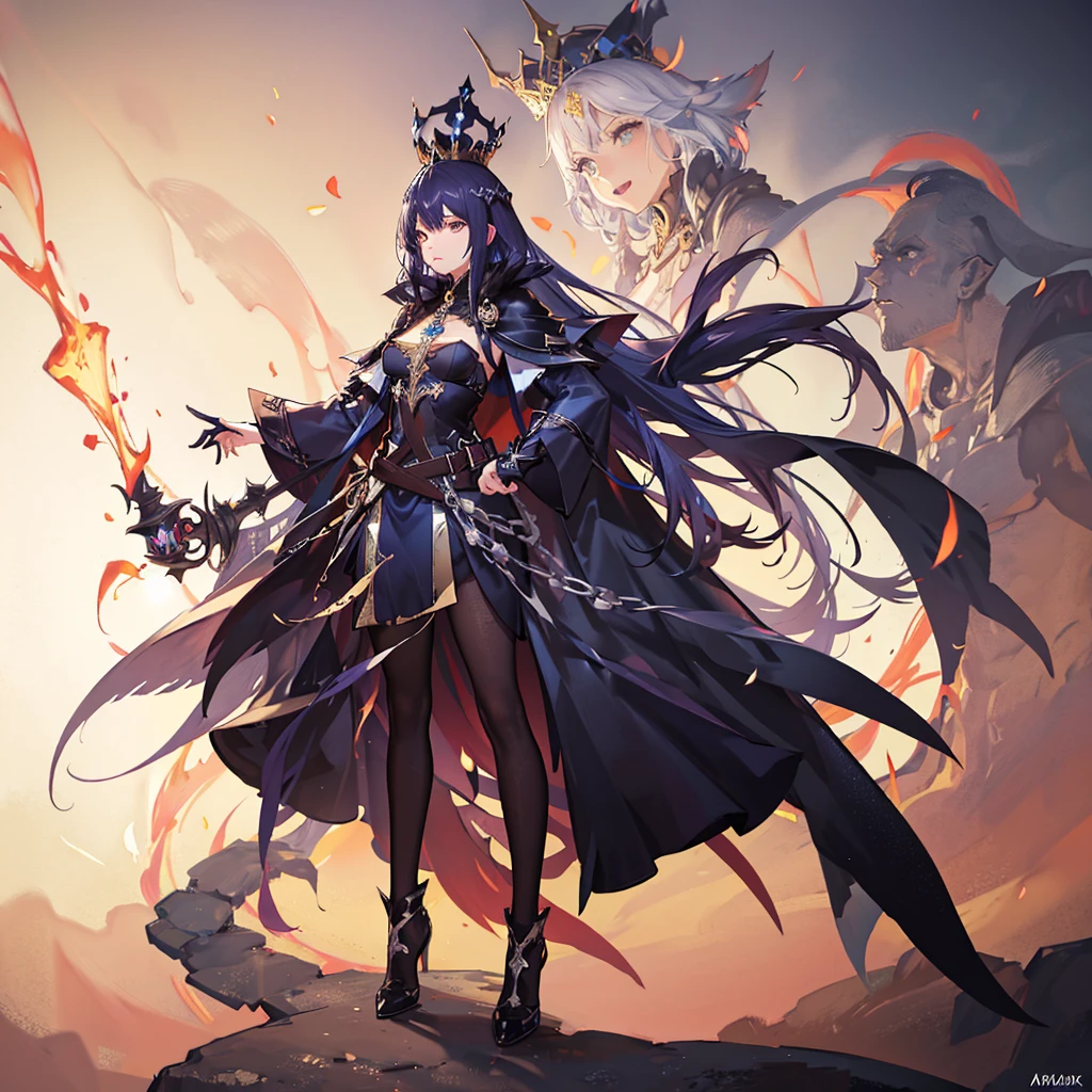 dark mage king with a crown, dark magic aura, monstruous king, magic crown, dark shrink background, tremendous malicious aura, dinamic art, full body art, action pose, full body pose