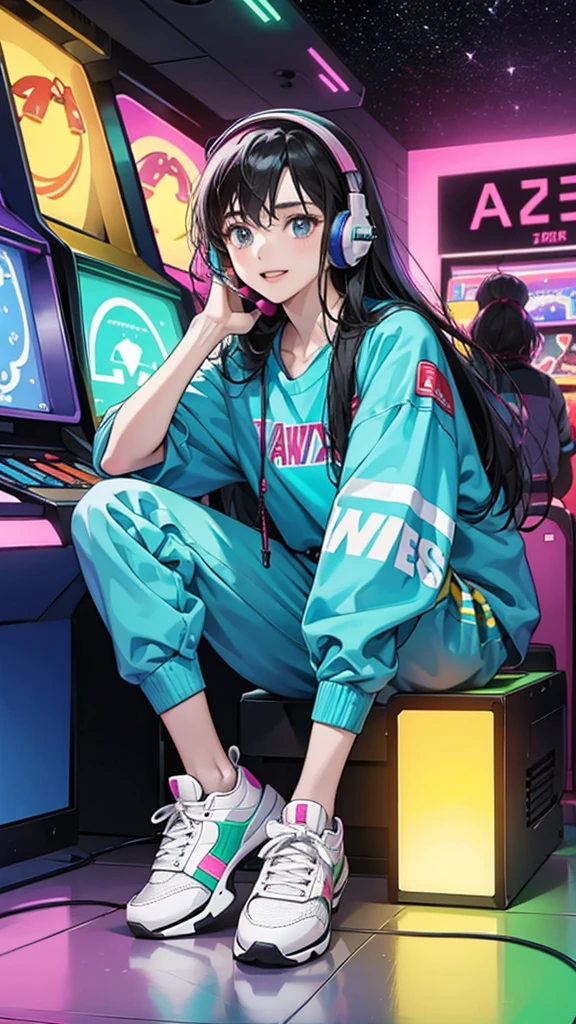 Teenagers wearing colorful jerseys and sneakers、Wearing big headphones, he plays Space Invaders in a neon-lit arcade.