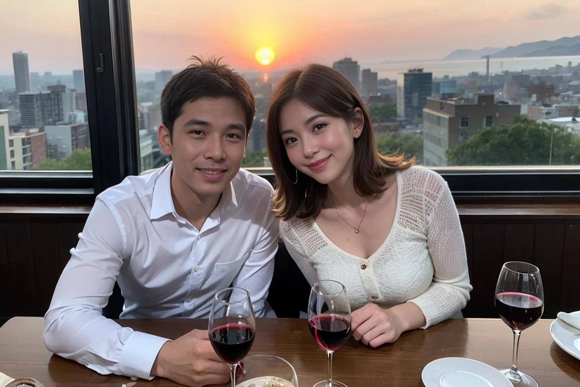 ((Highest quality、、masterpiece:1.3))、 (Genuineistic, Genuine、Bright image、Intricate details:1.2), 最高のsmile 男性1人 女性1人、Beautiful Couple、spouse、Couple、spouse、Beautiful Couple、smile、full-course dinner、 (Slim face), (the body is slim), (Brown Hair), (short hair), テーブルの上のwine glass、Please shine a light on my face、 Amazing view of the sunset sky and clouds、 (Age 44), 41 years old, red wine 、Appetizers、Wine bottle、sparkling wine、Long sleeve shirt、dress、White wine, red wine, wine glass,