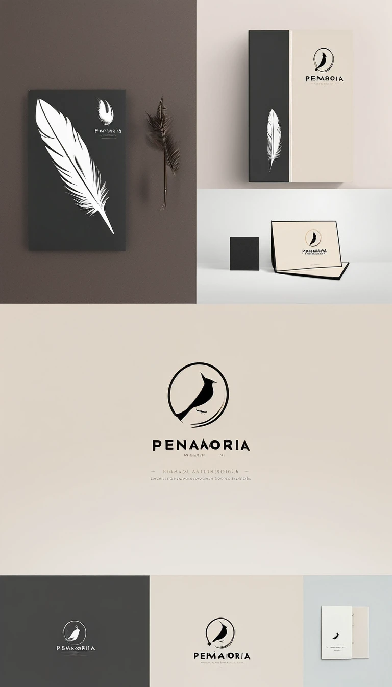 A minimal, modern, simple, cinematic logo design for the brand “Penamemoria". Create a modern, minimalistic, high-quality, logo of a bird feather