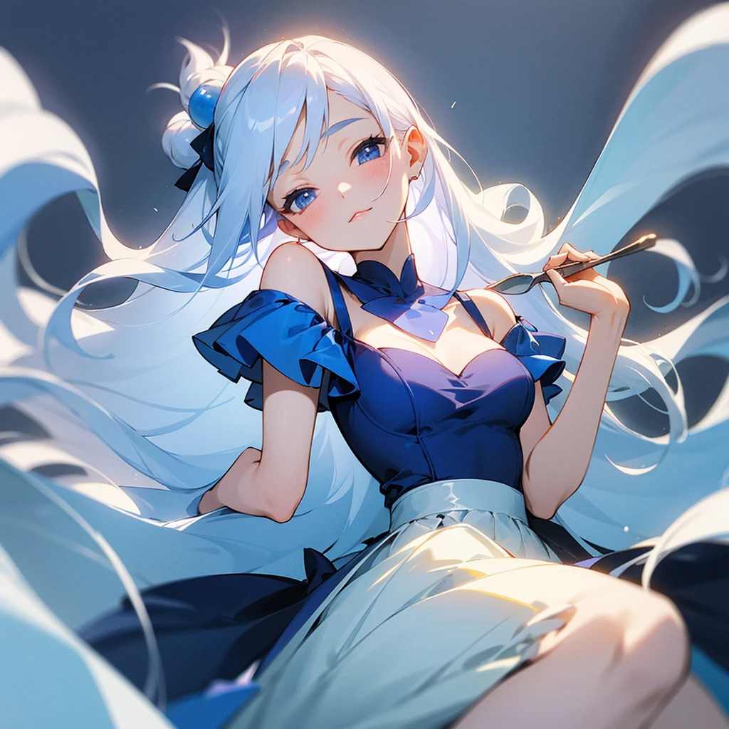 beautiful girl、Off the shoulder、Blue dress、Holding soft serve ice cream and a long spoon、Long Hair、White Hair

