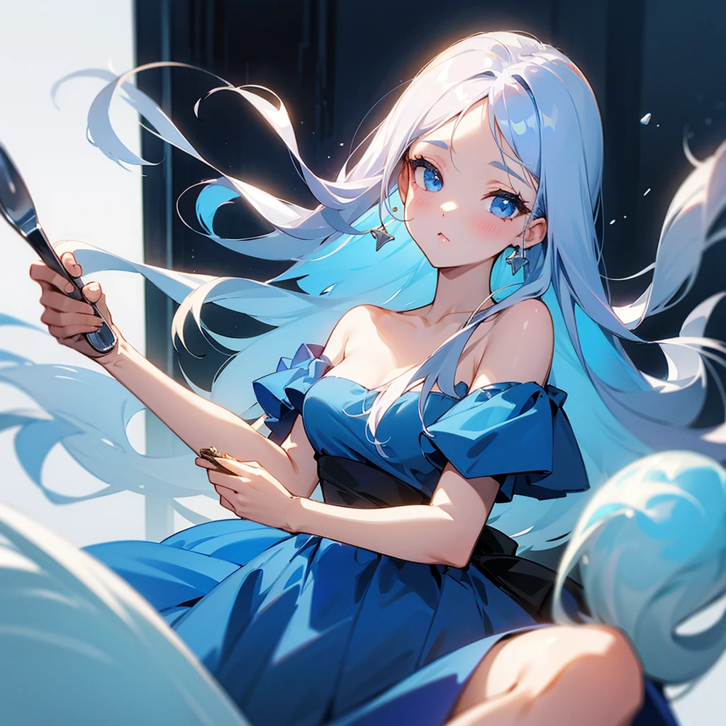 beautiful girl、Off the shoulder、Blue dress、Holding soft serve ice cream and a long spoon、Long Hair、White Hair

