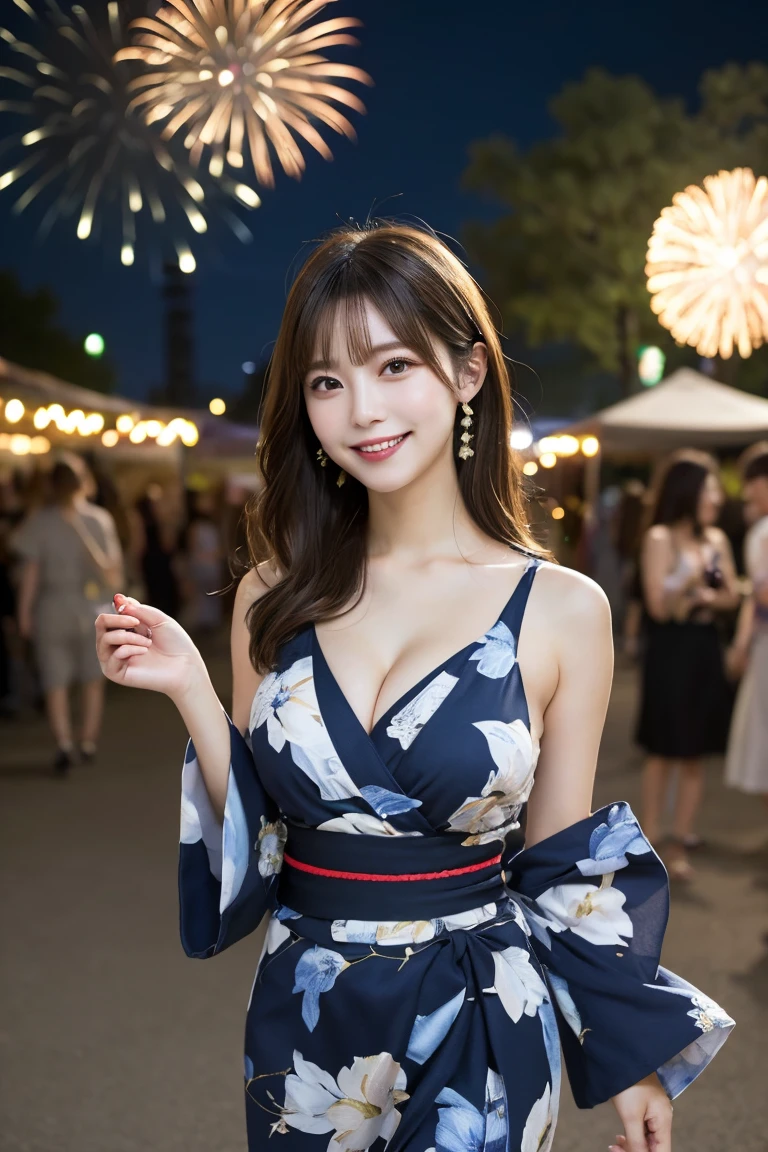 Summer festival, food stalls, night, fireworks, Highest quality, shape, Very detailed, In detail, High resolution, 8k wallpaper, Perfect dynamic composition, Beautiful details,  Natural Lip, Cute yukata, Big Breasts, Cleavage, She is smiling while walking.., A masterpiece of the whole body, Full Body Shot