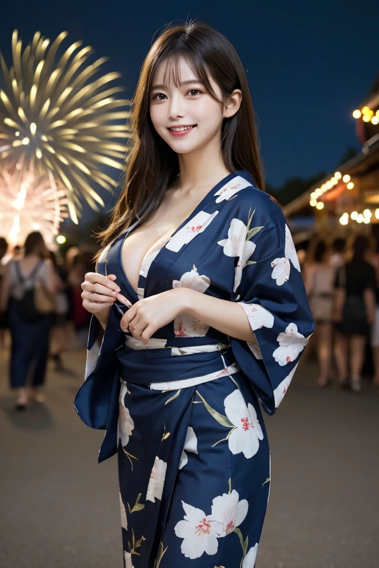 Summer festival, food stalls, night, fireworks, Highest quality, shape, Very detailed, In detail, High resolution, 8k wallpaper, Perfect dynamic composition, Beautiful details,  Natural Lip, Cute yukata, Big Breasts, Cleavage, She is smiling while walking.., A masterpiece of the whole body, Full Body Shot