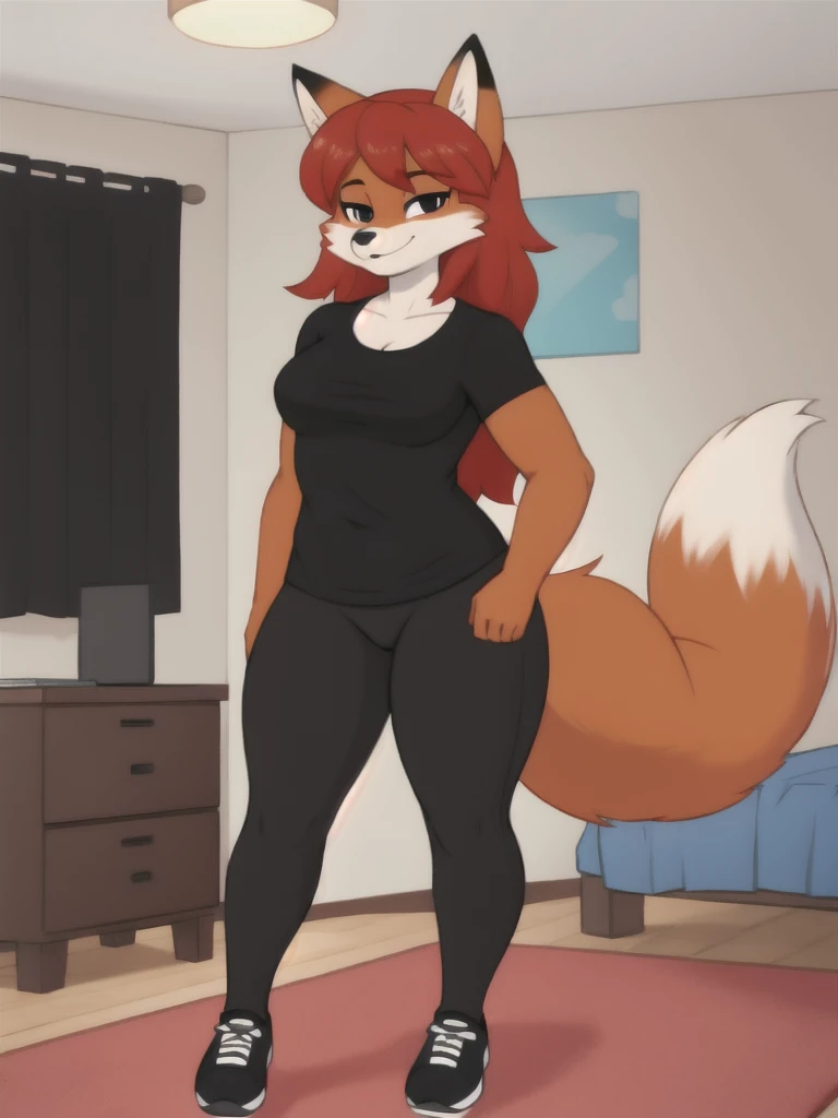 Furry, fox, female, black shirt, black leggings, shoes, bedroom, teen, standing, full body